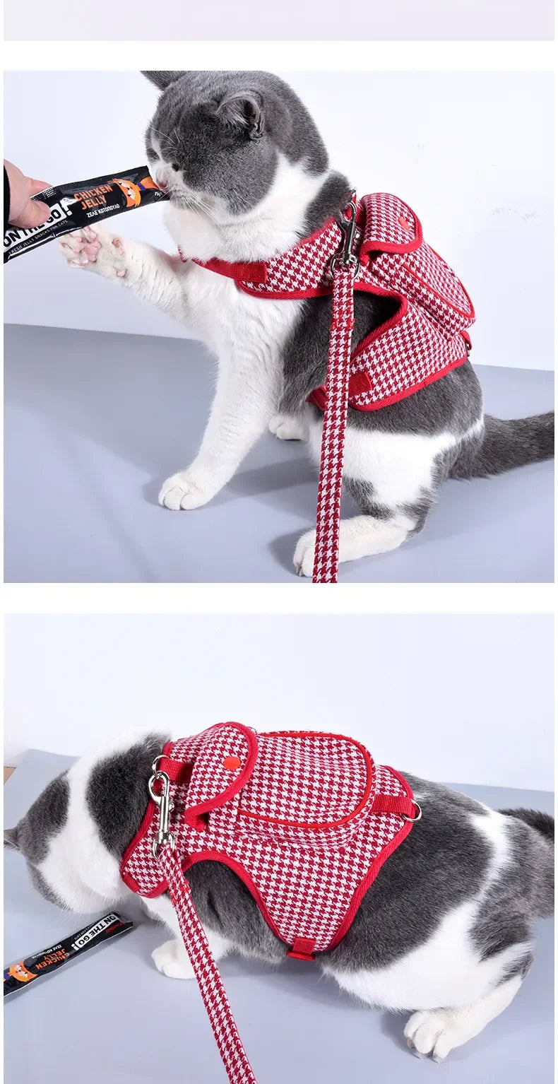 Houndstooth Small Vest PetDog Backpack Harness With Pocket Leash Lead Set Outdoor Pet Collar Walking Puppies Cats Carrier Bags