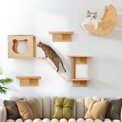Wall Mounted Cat Wooden Climbing Shelves Cat House and Jumping Platform with Pedals or Stairway for Kitten Perch and Rest