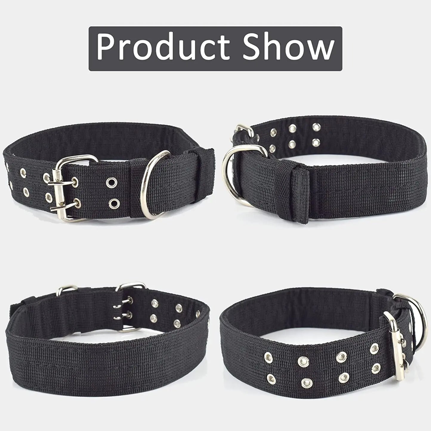 Heavy Duty Wide Military Thick Dog Collars for Large Dogs Adjustable Strong Nylon Tactical Pet Collar with 2-Rows Metal Buckle