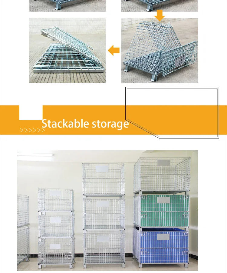 Heavy Duty Foldable Warehouse Iron Wire Cage Mesh Collapsible Container Pallet Cage Metal Collapsible Shipping Cage with Wheels
