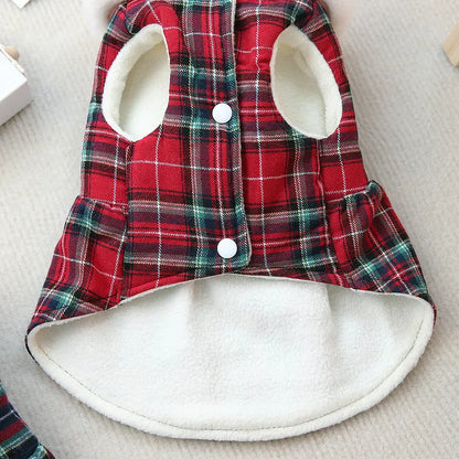 Christmas Plaid Clothes Thermal Fleece Lined Dog Winter Dress Coat with Luxury Faux Fur Collar for Small Dogs Puppy York Beagle