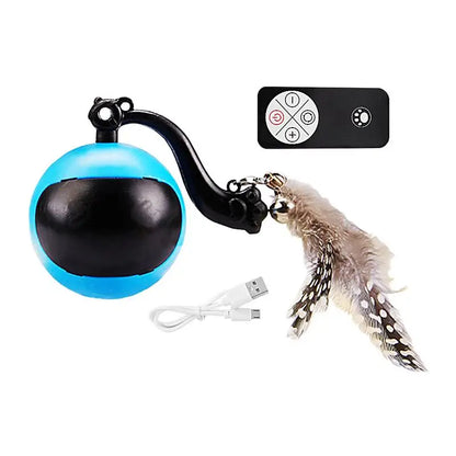 Smart Ball Cat Toy Cat Power Ball with Feather Tails Moving Cat Toy with LED Light and Sound Kitten Exercise Hunting Toys