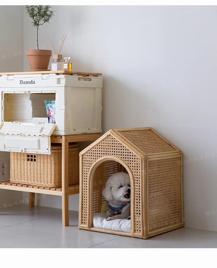 House Pet Bed Roof Kennel Rattan Cat Cat Bed Kitten Puppy Handmade Rattan Bed ins Korean Natural Rattan