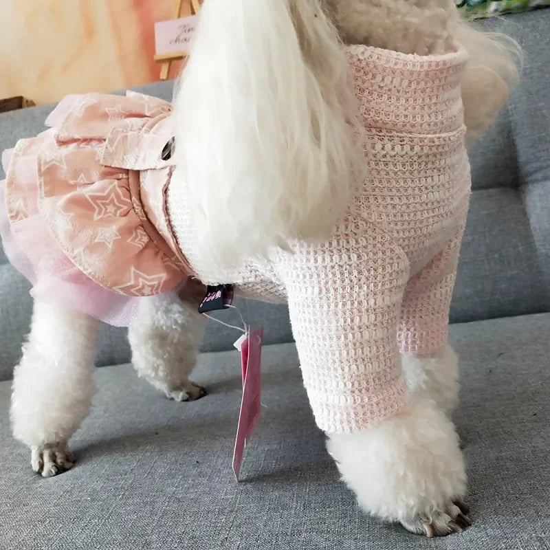 Dogs Denim Suspender Skirt Striped T-Shirt Cats Cute Fashion Cartoon Puppy Strapped Dress Suit Birthday Garden Walking Clothes