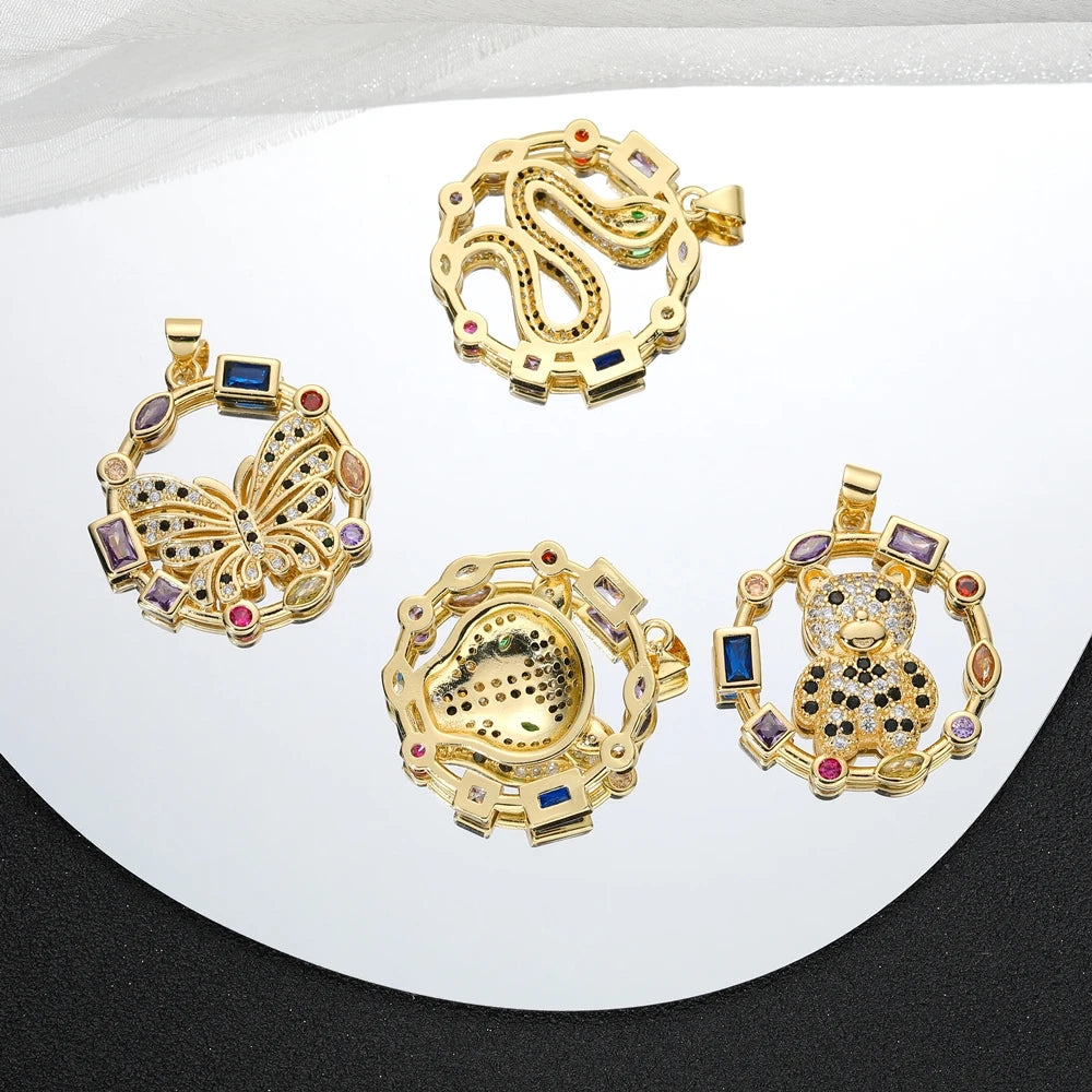 Juya 18K Real Gold Plated Cubic Zircon Bear Lion Bird Tiger Panther Head Leopard Charms For DIY Pendant Necklace Bracelet Making