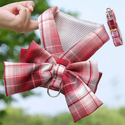 Pet Jk Plaid Dress Dog Harness and Leash Set Bow Skirt Kitten Puppy Vest Luxury Dog Clothes Chihuahua Dog Outfits Bichon Items