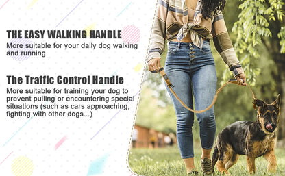 Tactical Retractable Dog Leash, Reflective Shock Absorbing, Quick Release Clip Double Handle with Car Seatbelt, for Large Dogs
