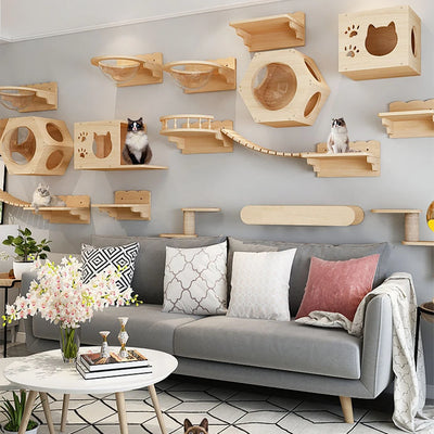 Cat Tree Wall Mounted Wooden Climbing Frame Cat House Cat Bridge Scratching Post and Ladder Wall Playground for Kitten Play Rest