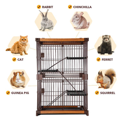 Pet Scene Large 3-Tier Pet Enclosure with WPC Frame and Iron Wire Button Closure Rabbit Hutch Cat Cage Ferret Kennel for Pets