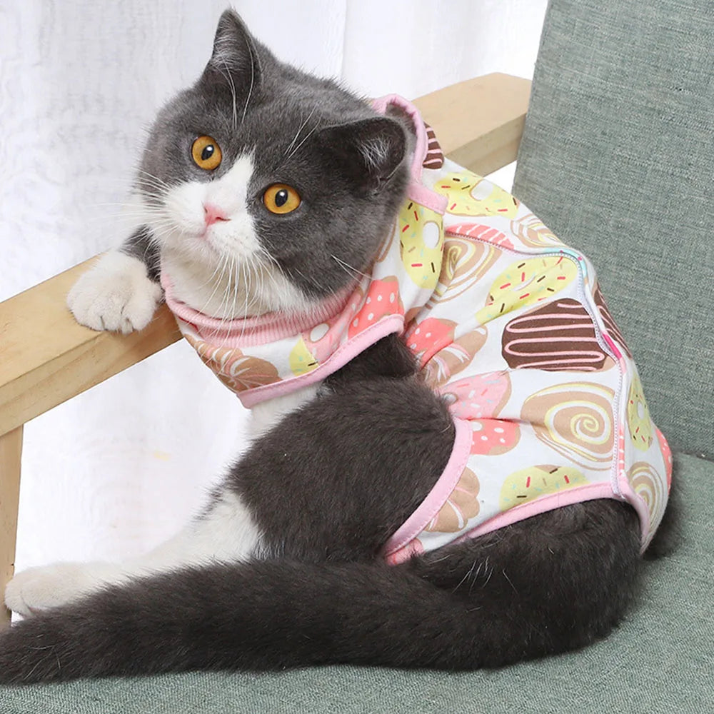 Cat Sleeveless Shirt Cat Recovery Suit Breathable E-Collar Alternative Vest for Cat Small Puppy Cute Printed Cotton Pet Clothes