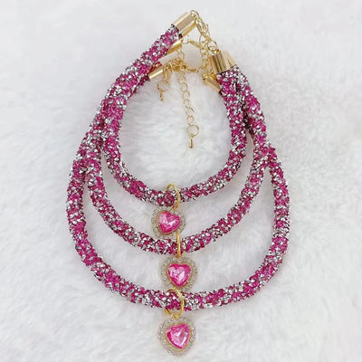 Soft Puppy Cat Collar with Heart Diamond Pendant Adjustable Luxury Reflective Bling Rhinestone Collar Crystal for Cats Small Dog