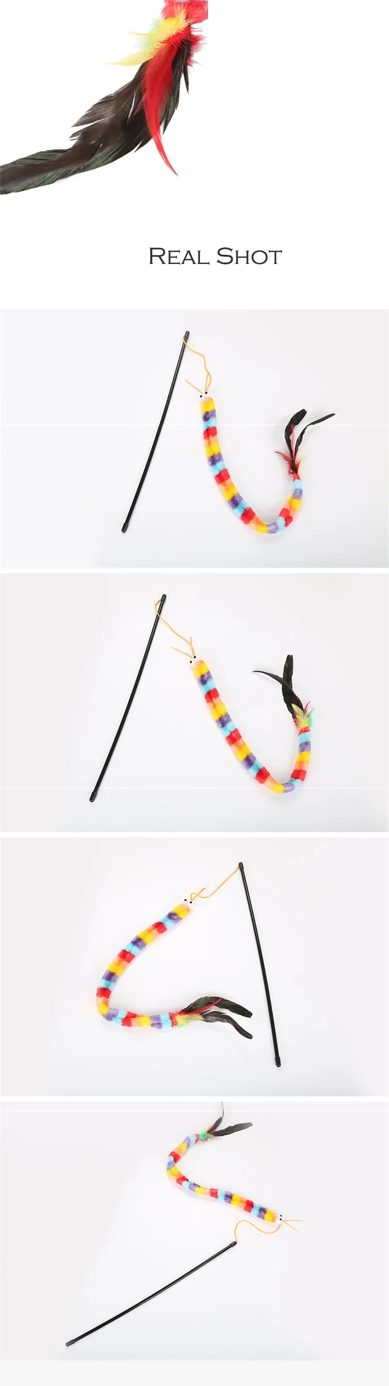 Rainbow Caterpillar Teaser Cat Stick Feather Top Durable Bite Resistant Pet Cat Toy Interactive Lightweight Handle Kitten Tools