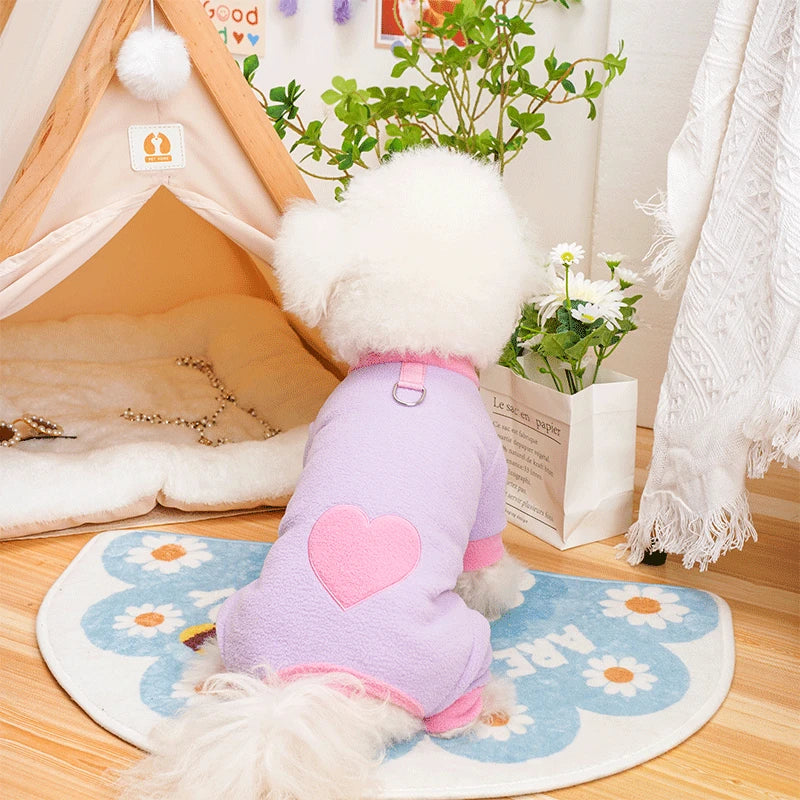 Heart Pattern Dog Pajamas for Small Dogs,Warm Fleece Dog Jumpsuit Yorkie Puppy Onesie 2024 New Autumn Winter Clothes Pet Apparel