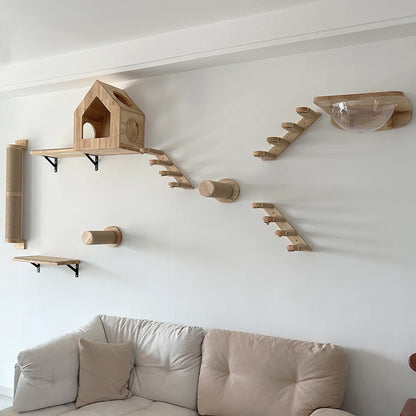 Wall Mounted Climbing Shelf Cat Tree 4 Steps Stairway with Cat Hammock Scratching Post for Sleeping Playing and Grinding Claw