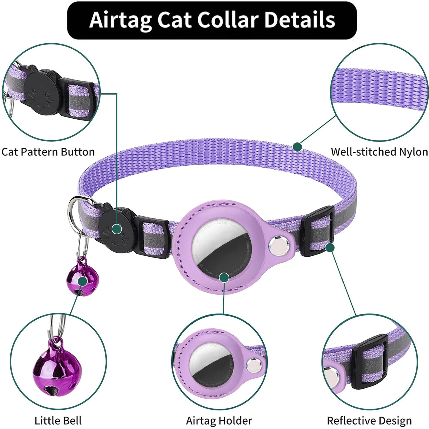 Pet cats AirTag PU Anti Loss Collar  Breakaway Reflective Strips Adjustable Kitten Collar Waterproof  cat collar accessories