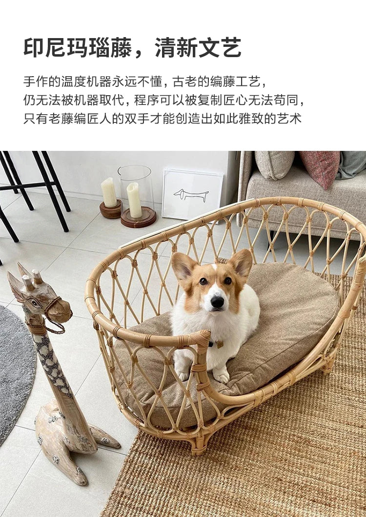 Japanese ins natural rattan dog cat pet bed teddy kennel princess bed summer removable cage