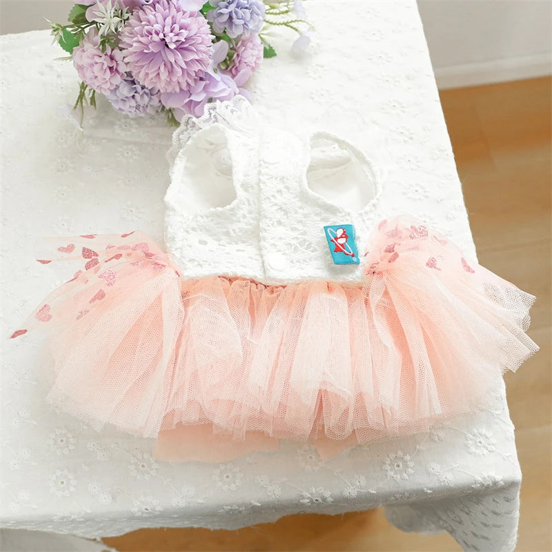 Bow Tie Female Fancy Dresses for Medium Dogs Pink Veil Romantic Heart Print Spring Puppy Tutu Skirt Lace Wedding Cat Clothing