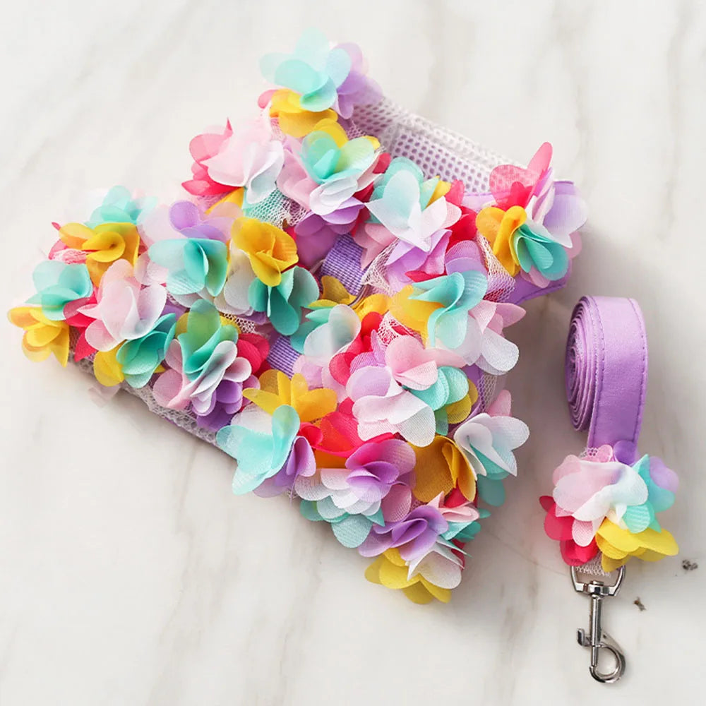 Luxury Flower Girl Dogs Harness and Leash Set No Pull Soft Adjustable Breathable Mesh Cute Floral Puppy Pet Safety Vest Harness