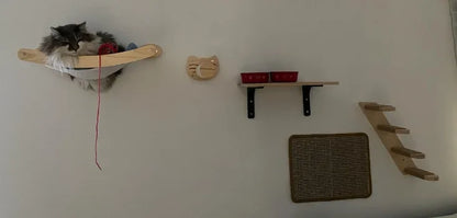 Cat Climbing Wood Shelves Furniture Wall Mounted Cat Bridge and Cat Hammock or Platform with Pedals for Kitten Perch and Rest
