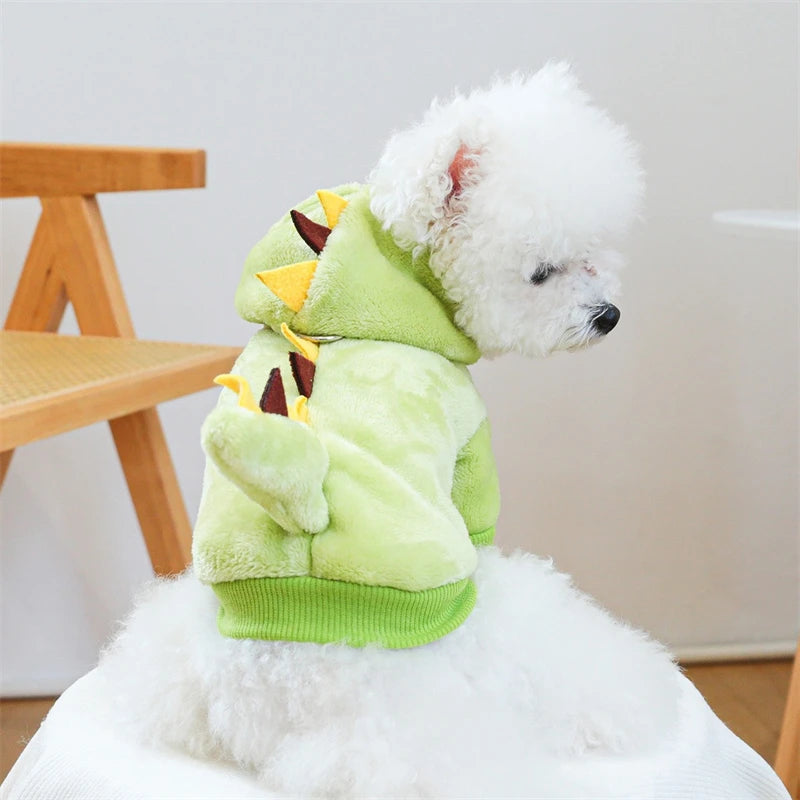 Autumn Winter Pet Dog Costumes Green Dinosaur Christmas Fleece Overalls Sweatshirts for Small Puppy Funny New Year Cat Clothing