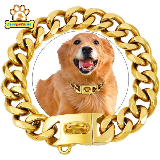 Stainless Steel 23mm Gold Dog Chain Collar Chew Proof Pet Chains Cuban Link Large Dog Collars