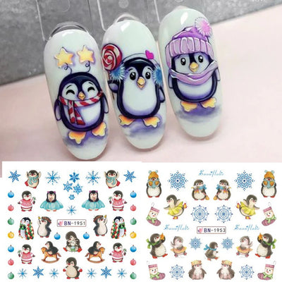 12pcs Cute Penguin Winter Nail Stickers Birds Bear Cat Cartoon Animal Snowflake Sliders Water Decals Decoration Xmas Tips Foils