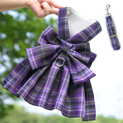 Puppy Dog Adjustable Harness Pet Plaid Skirt Cat Dog Vest Type Traction Clothes Small Dog Party Birthday Wedding Bowknot Dress