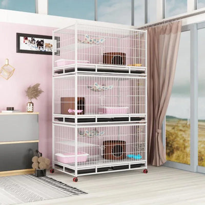 Outdoor Animal Cage Metal Pet Breeding Cage Stainless Steel Wire 6-Door 3-Layer Cat Cage With Wheels