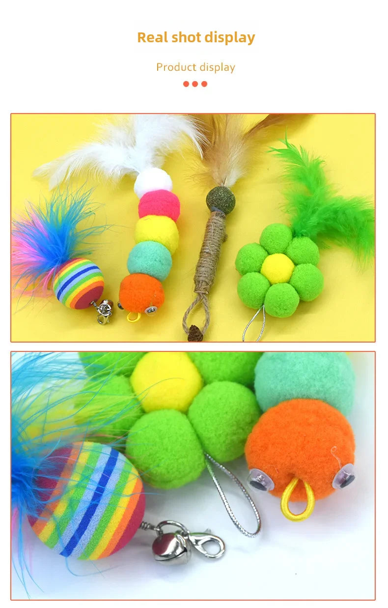 Cross-border cat teasing stick replacement head rainbow caterpillar wood teana stick cat toy funny cat bell hair ball replace...