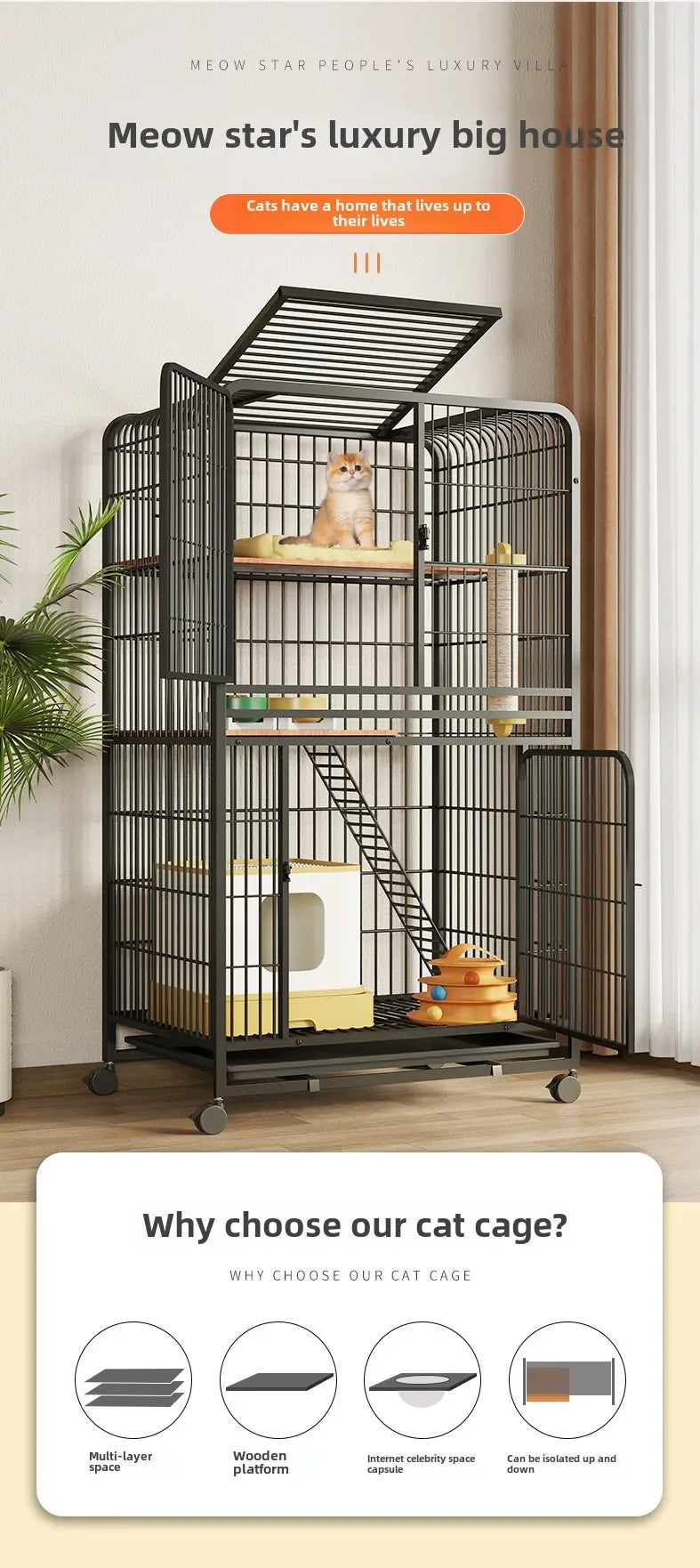 Pet Square Folding Foldable 3 Layer Big Cat Cage Villa Indoor Luxury 3 Tier Design Large Cage