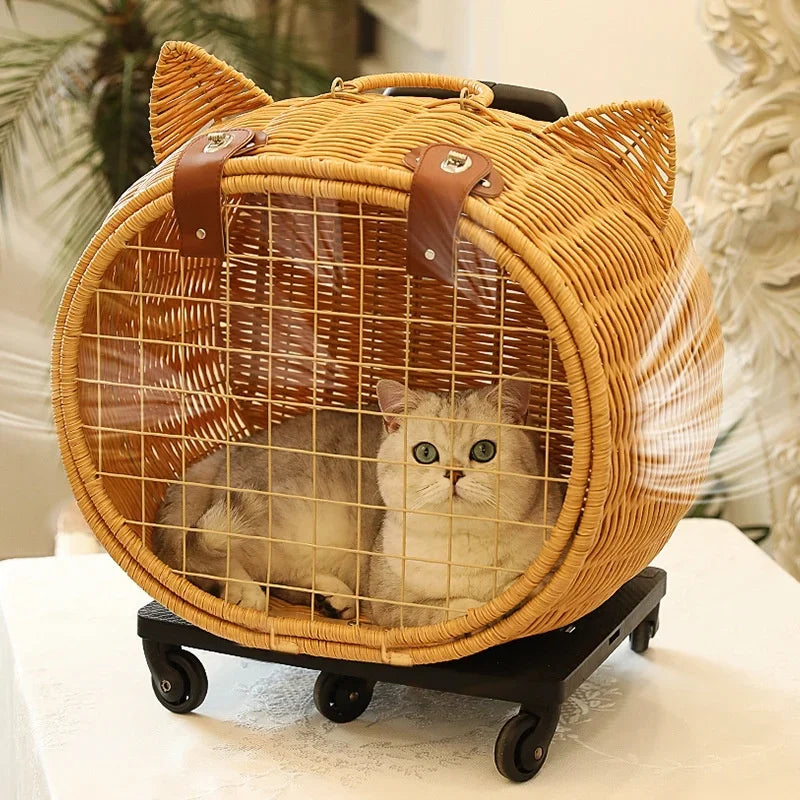 Cat Carrier Suitcase with Wheels for Pet Travel, knit Hard Cat Carrier Luggage with Mat and Telescopic Handle