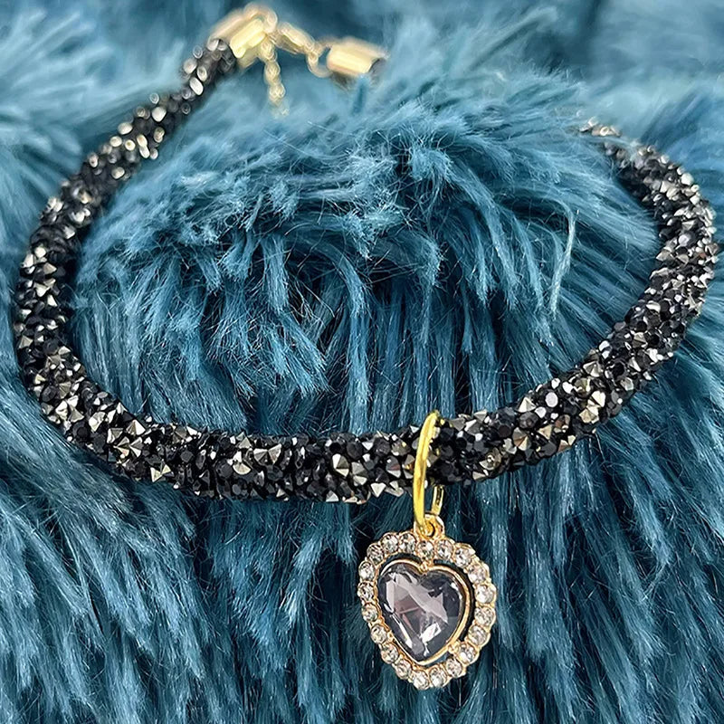 Soft Puppy Cat Collar with Heart Diamond Pendant Adjustable Luxury Reflective Bling Rhinestone Collar Crystal for Cats Small Dog