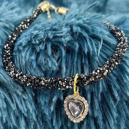 Soft Puppy Cat Collar with Heart Diamond Pendant Adjustable Luxury Reflective Bling Rhinestone Collar Crystal for Cats Small Dog