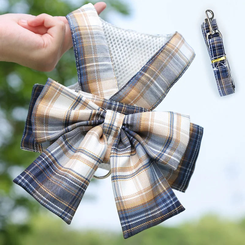 Pet Jk Plaid Dress Dog Harness and Leash Set Bow Skirt Kitten Puppy Vest Luxury Dog Clothes Chihuahua Dog Outfits Bichon Items