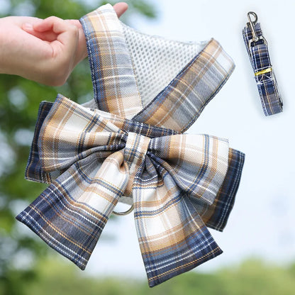 Pet Jk Plaid Dress Dog Harness and Leash Set Bow Skirt Kitten Puppy Vest Luxury Dog Clothes Chihuahua Dog Outfits Bichon Items