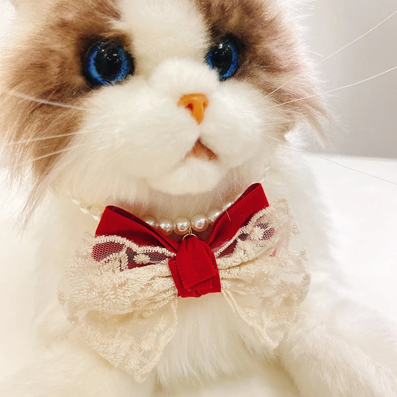 Pearl Chain Pet Dog Necklace Christmas Red Bow Tie Neck Accessories for Small Medium Puppy Romantic Lace Adjust Cat Accessories