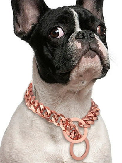 Stainless Steel Dog Chain Collar, Rose Gold Pet Necklace, Strong P Chain Choker for Small and Big Dogs, 15mm Width