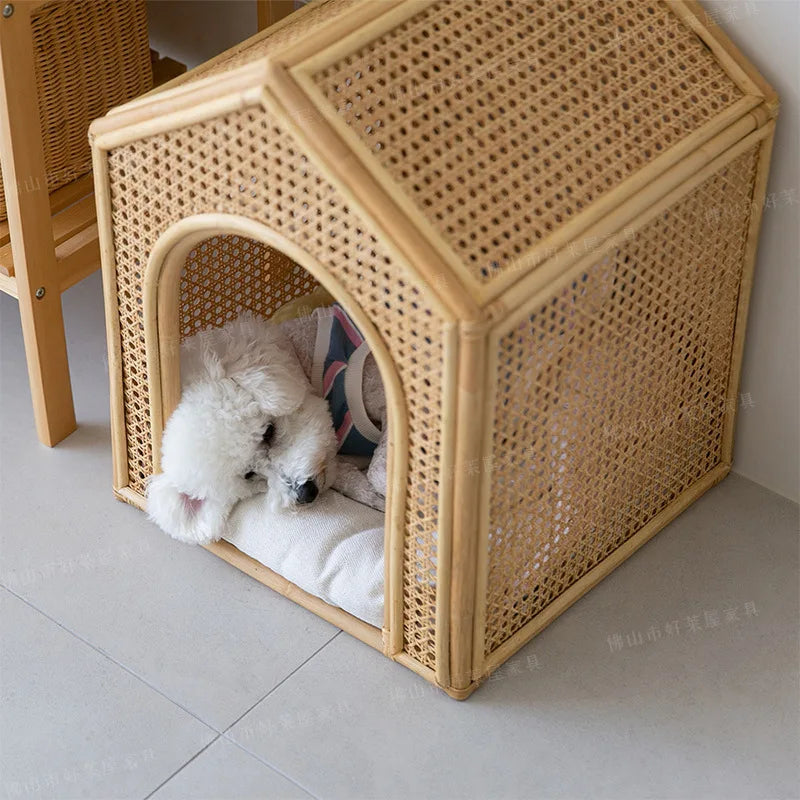 House Pet Bed Roof Kennel Rattan Cat Cat Bed Kitten Puppy Handmade Rattan Bed ins Korean Natural Rattan