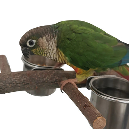 1Set Stainless Steel Birds Parrot Feeder Bowl Round Small Pet Natural Wood Stand Food Water Drinking Feeding Bowl