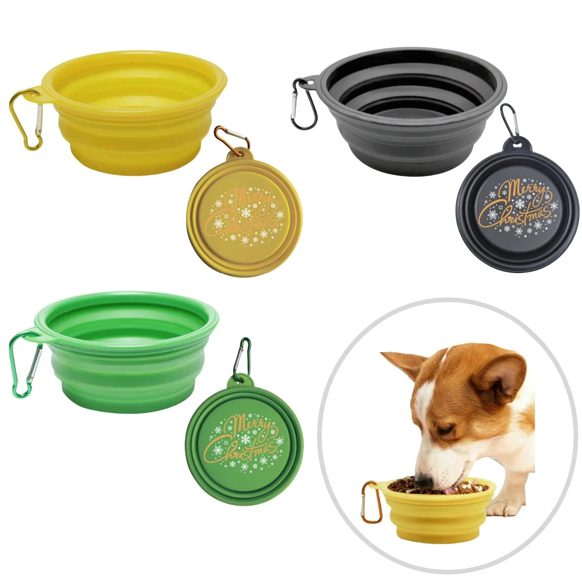 Collapsible Silicone Dog Food Water Bowl Cute Christmas Pet Bowl Outdoor Travel Portable Folding Supplies Dishes with Carabiner
