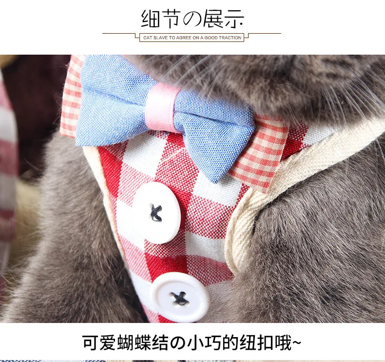 Dog Harness with Bow Plaid Cat Harness Adjustable Length Pet Harness with Dog Leash Four Colors Dog Harness and Leash Set