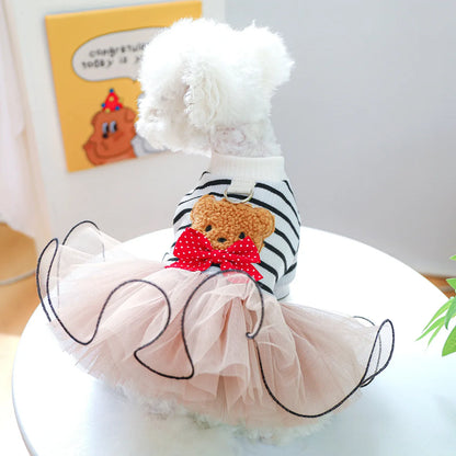 Cute Bear Stripe Dog Dress for Small Dogs, Luxury Tiered Layer Tulle Tutu Dress Princess Skirt Spring Autumn Puppy Pet Clothes