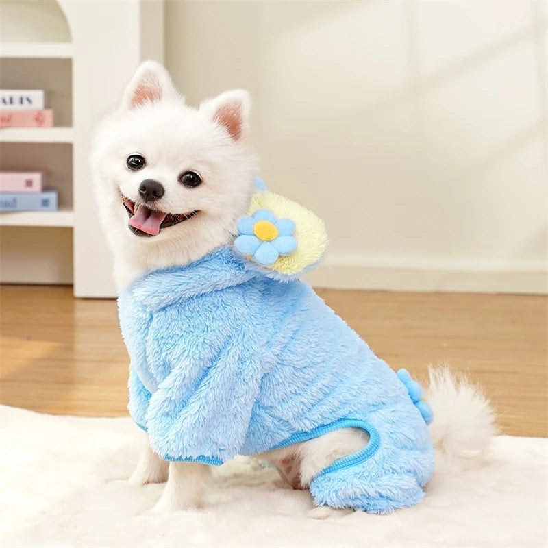 Soft Flannel Pet Dog Clothes Light Blue Solid Flower Winter Overalls for Cats New Year Cosplay Chihuahua Coat Kitten Sweatshirts