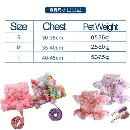 Pink Flower Puppy Harness Mesh Breathable Small Girl Dog Cat Vest Harness Cute Doggy Lace Dress Harness with Leash for Walking