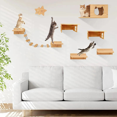 Cat Tree Wall Mounted Climbing Shelves Wooden Platform and Hammock with Cat Step Ladder and Cat Bridge for Kitten Perch Sleeping