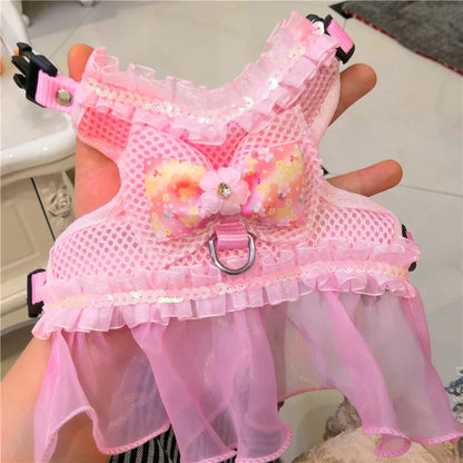 Dog Bow Dress Harness Leash Set for Small Medium Dogs Breathable Mesh Pet Tulle Skirt with Sequins Luxury Design Dog Clothes