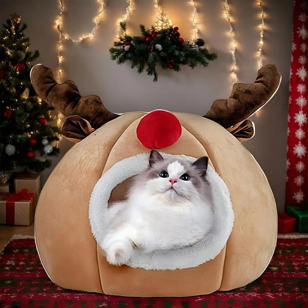 Christmas Winter Cat Cave Bed Dog Tent Christmas Reindeer Tent Washable Removable Cushion for Indoor Small Dogs And Cats