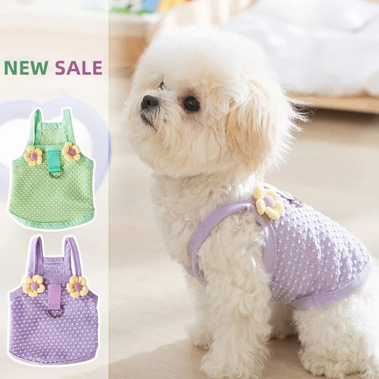 Sweet Flower Decorate Puppy Summer Clothes Breathable Unisex Small Chihuahua Pet Cat Vest Walking Leash T Shirt for York Dogs