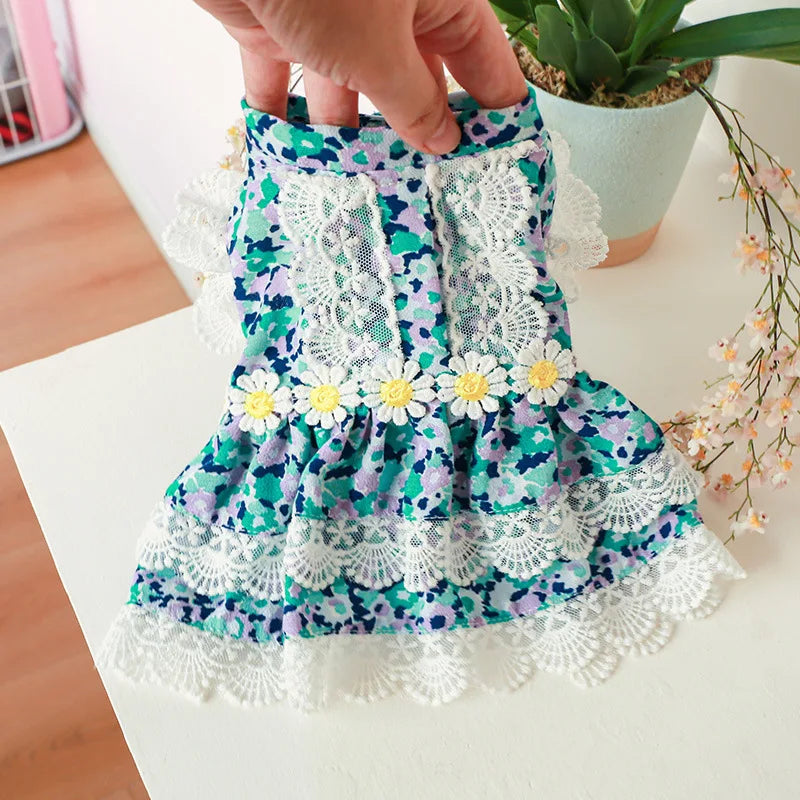 Floral Summer Clothes for Small Dogs Short Sleeve Lace Pink Sphinx Cat Dresses Princess Party Wear Breathable Pet Clothing