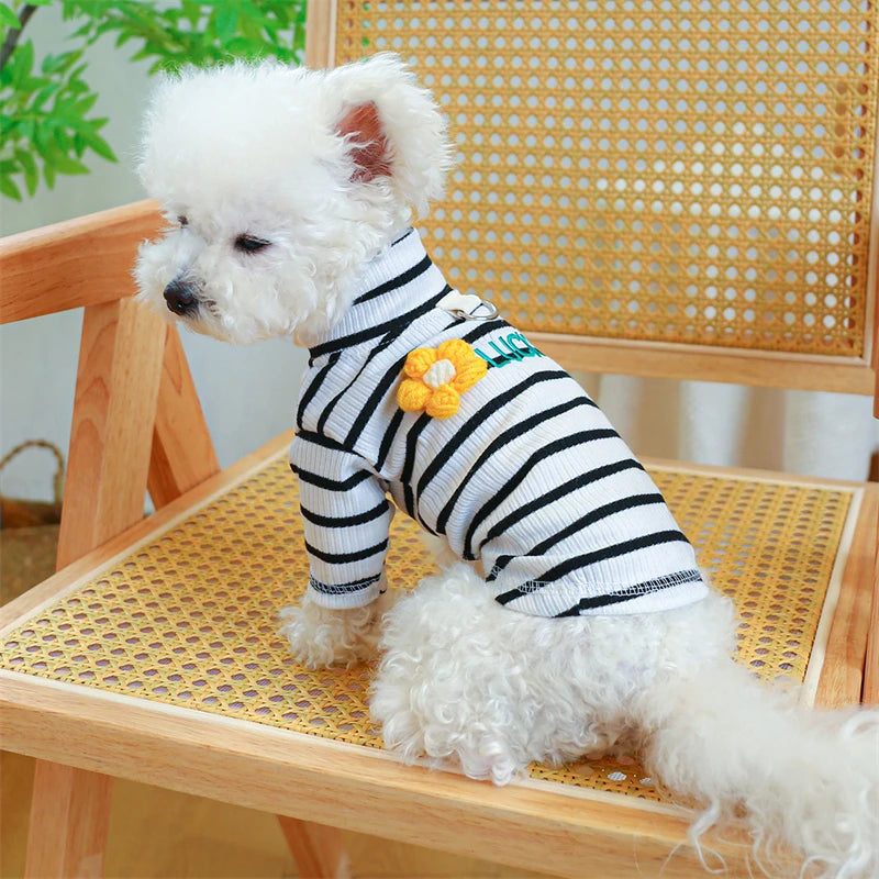 Knitting Flower Pet Dog Clothes Striped High Collar Cat Sweatshirt Autumn Winter Bottom Coat Chihuahua T Shirts for Small Dogs